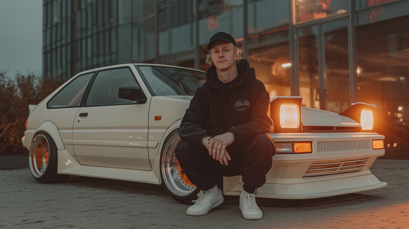 Junger Mann mit Kapuzenpullover sitzt auf einem getunten Oldtimer-Coupé vor Neonlichtern bei Nacht.