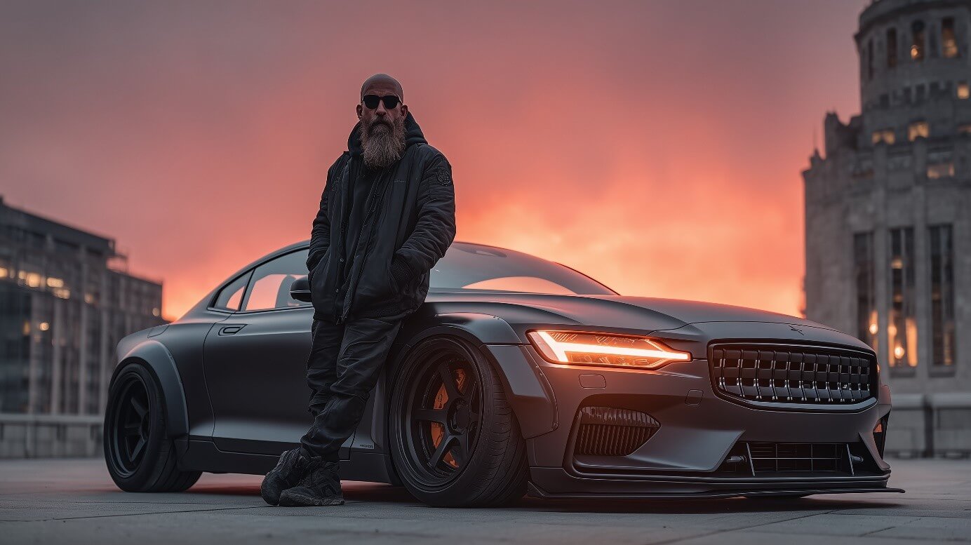 Mann mit Sonnenbrille lehnt an einem schwarzen Polestar-Sportwagen vor dramatischem Sonnenuntergang